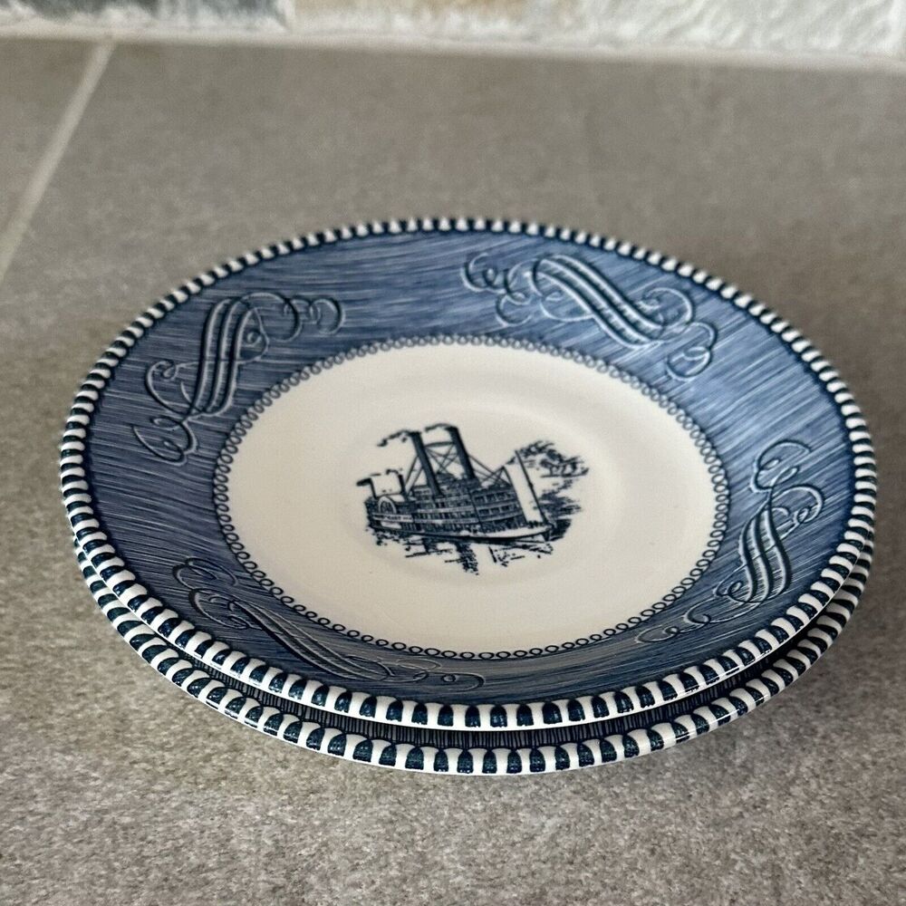 2 Currier and Ives Blue & White Steamboat 6" Royal China Plates Saucers